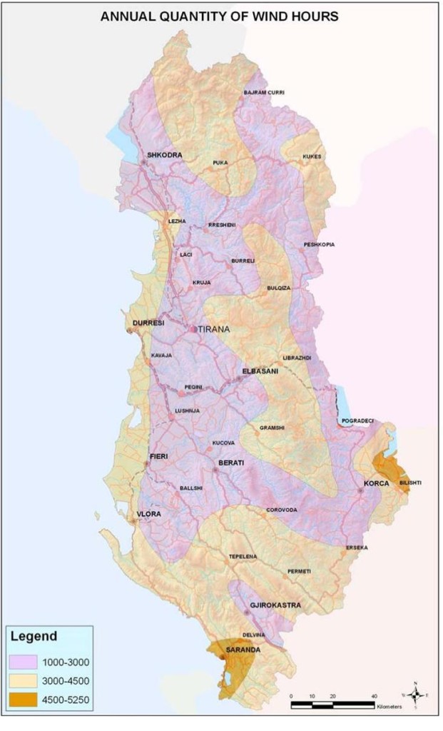 Figure 13 Territorial distributions of annual quantity of wind hours in Albania