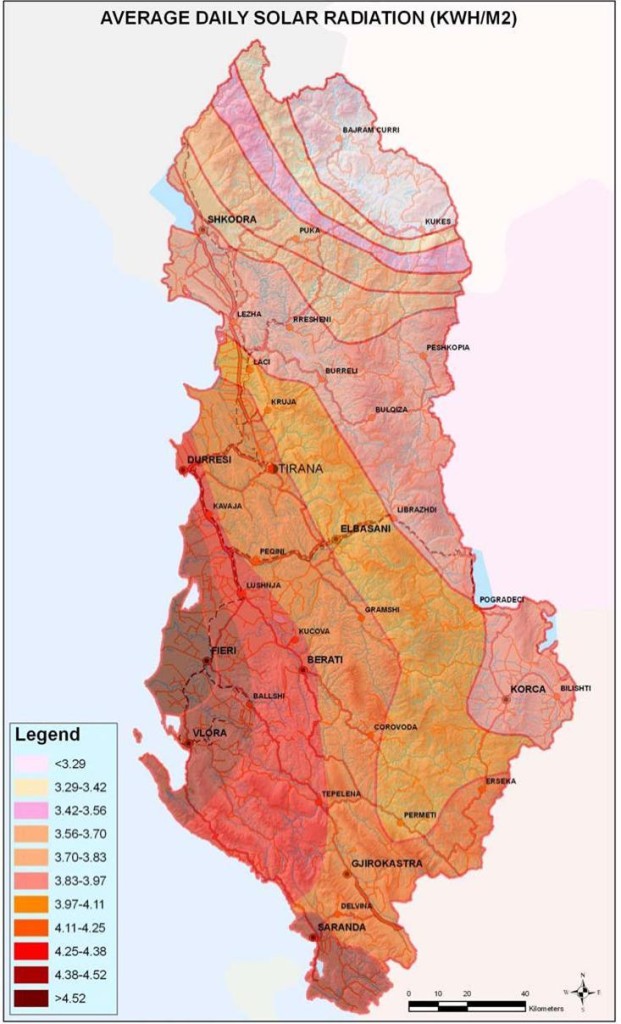 Figure 15 Territorial distribution of average daily solar radiation in Albania