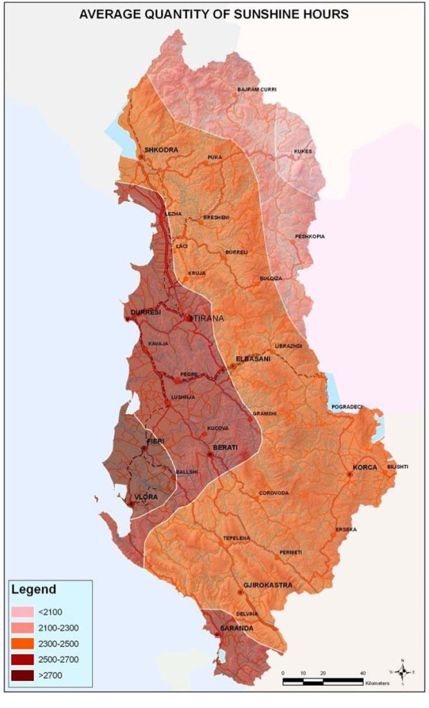 Figure 16 Territorial distribution of average quantity of sunshine hours in Albania