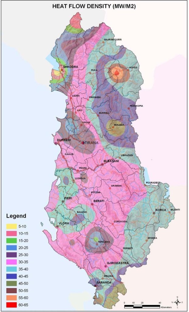 Figure 10 Territorial distributions of the heat flow in Albania
