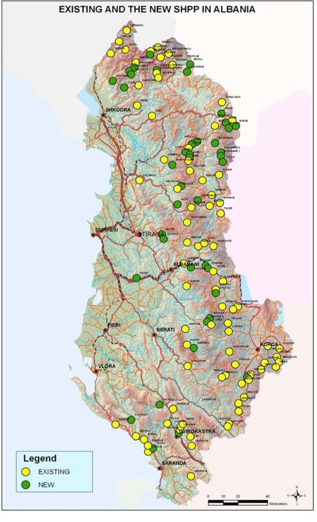 Figure 8 The map of the existing and the new SHPP in Albania